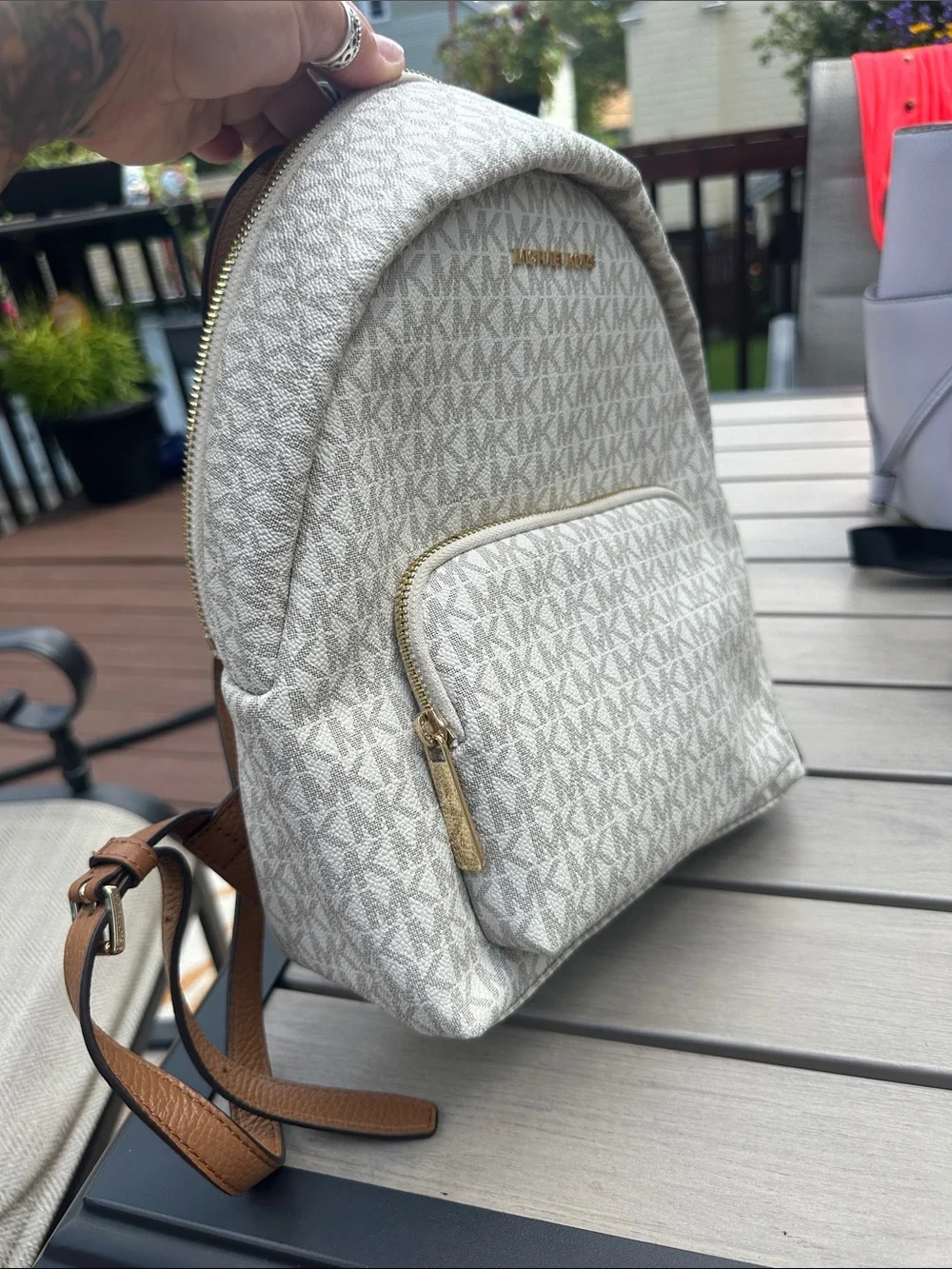 Michael Kors Cream/Beige MK Logo Backpack with Brown Trim